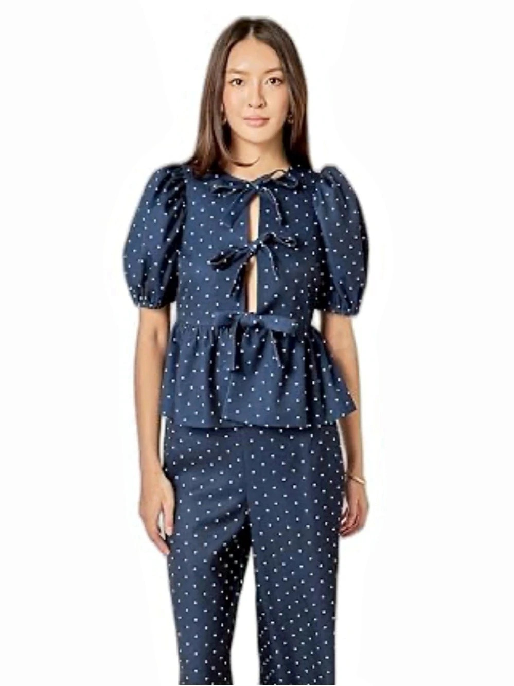 English Factory Polka-Dot Puff Sleeve Bow Front Peplum Top Small